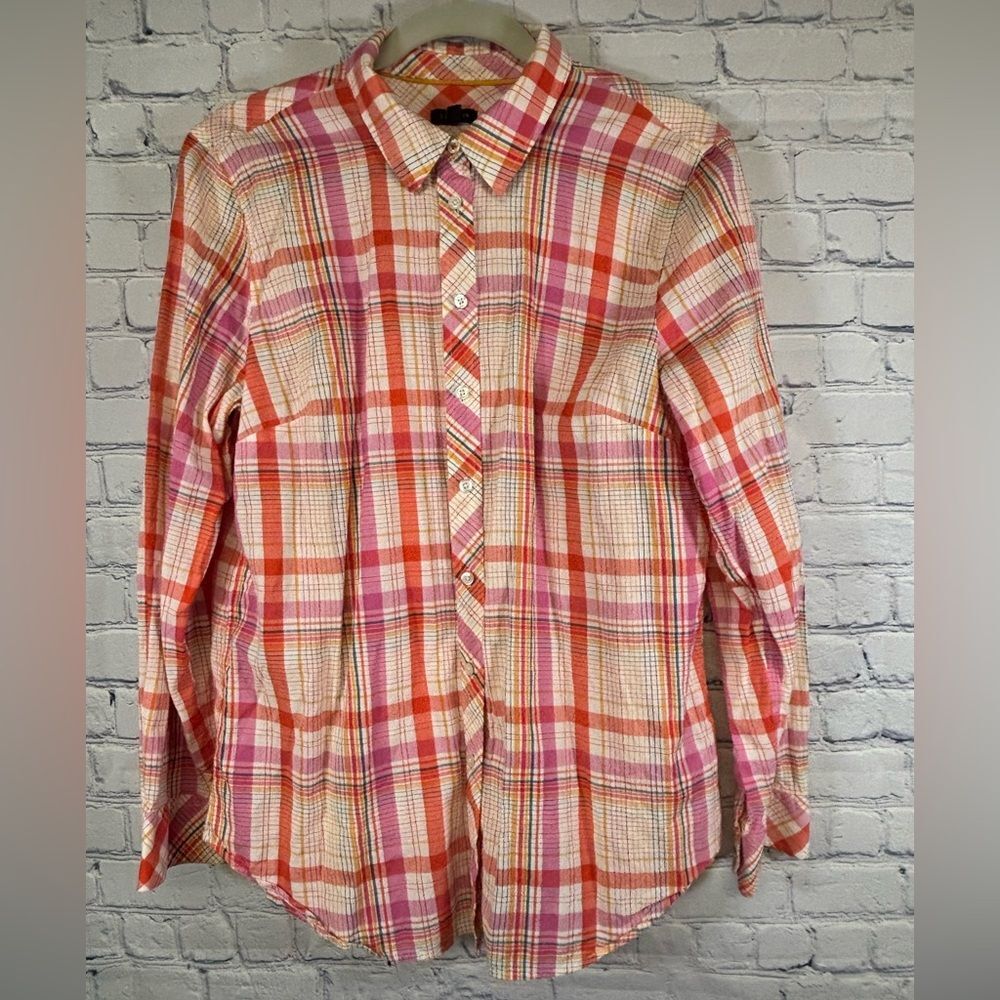 Talbots Pink Orange Basket Plaid Cottagecore Preppy Button Long Sleeve Shirt L